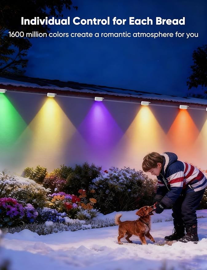 RGBW Permanent Outdoor Lights 200ft, 40LM, with 144 LED Bulbs, White | IP67 Waterproof, 111 Scene Modes, 2700K Warm White, Music Sync, Individual Control, Eave Lights Compatible with Alexa