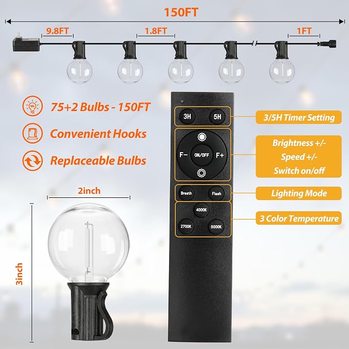150FT LED Outdoor String Lights with Dimmable 3 Color Lights with Remote | String Light for Outside, G40 Globe Waterproof Patio Lights with 75+2 Shatterproof Bulbs for Party Backyard BBQ House Camping