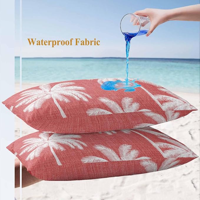 Lumbar Pillow Covers 20x12 Inch Set of 2, Coral Red Palm Trees Waterproof Outdoor Pillow Covers, Farmhouse Tropical Summer Beach Decorative Cushion Pillowcases for Couch, Sofa, Bed, Garden, Patio