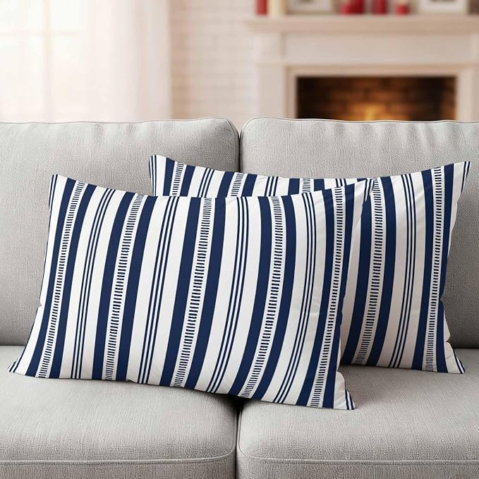 Navy Blue Striped Outdoor Waterproof Pillow Covers, Farmhouse Stripes Modern Geometric Decorative Rectangle Throw Pillowcase Sofa Cushion Sham for Patio/Couch/Chair, 20"x12" 2 Pack