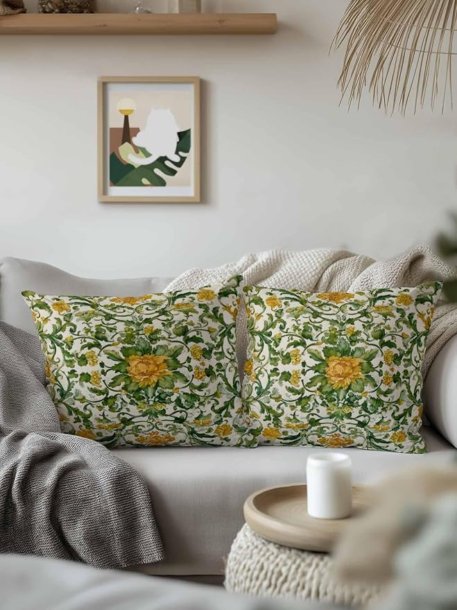 Outdoor Pillows with Inserts 18x18, Yellow Green Boho Waterproof Outdoor/Indoor Throw Pillows, Classic Floral Farmhouse Botanical Decorative Pillow for Bed Couch Sofa Patio Furniture
