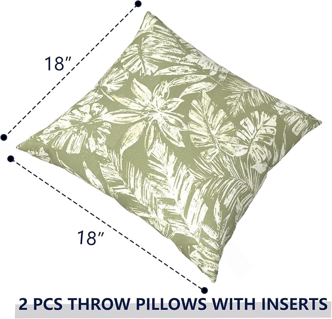 Outdoor Pillows with Insert 18x18 Inch, Waterproof Throw Pillow for Patio Furniture, Decorative Back Cushion for Garden Home Sofa Office Chair, Set of 2, Tropical Leaf Green