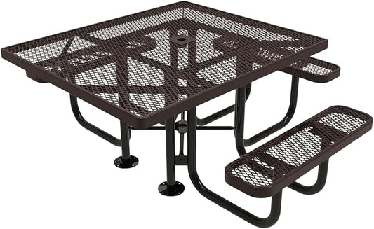 COATEDOUTDOORFURNITURE Heavy-Duty Portable ADA-Compliant Outdoor Picnic Table with Umbrella Hole, Expanded Metal Patio Dining Furniture Made in America (46" Square Top, Brown)