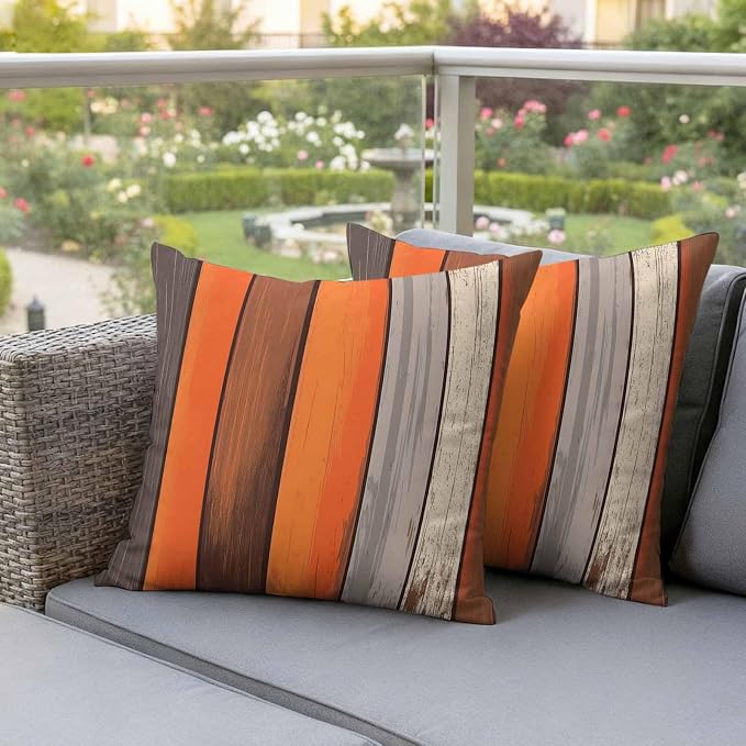 JasmineM Outdoor Pillow Cover 16x16 Inches Set of 2 Orange Brown Gray Striped Waterproof Throw Pillow Covers Retro Wood Grain Decorative Pillowcases Garden Cushion Case for Patio Couch Sofa