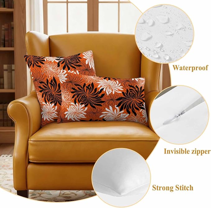 Yukro Orange Black Floral Outdoor Waterproof Pillow Covers Pack of 2, Vintage White Black Flower Orange Decorative Throw Pillowcases Cushion Covers for Garden Patio Tent Sofa Couch, 26x26 inch
