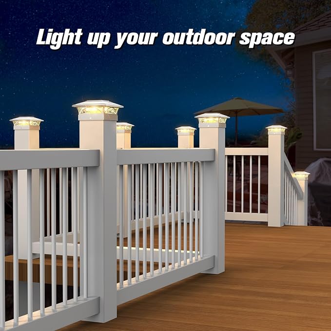 JOFIOS Solar Post Cap Lights Outdoor 12 Pack, White Deck Fence Post Lights Solar Powered with 16 LEDs 2 Lighting Modes, 4x4/5x5/6x6 Waterproof for Garden Patio Porch Backyard