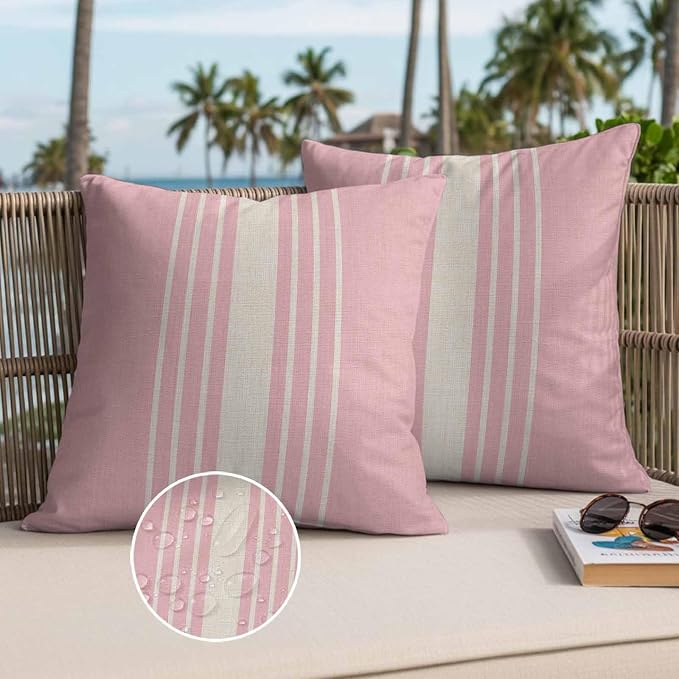 Throw Pillow Covers 20x20 Inch Set of 2, Pink Beige Striped Waterproof Outdoor Cushion Covers, Modern Farmhouse Retro Lines Decorative Pillowcases for Couch, Sofa, Bed, Garden, Patio