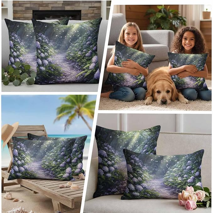 Purple Floral Outdoor Waterproof Throw Pillow Covers Set of 2, 20"x12", Spring Landscape Scenery Nature Decorative Pillow Covers Outside Cushion Case for Patio Porch Garden