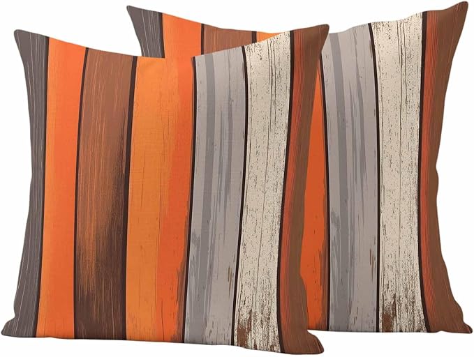 JasmineM Outdoor Pillow Cover 20x20 Inches Set of 2 Orange Brown Gray Striped Waterproof Throw Pillow Covers Retro Wood Grain Decorative Pillowcases Garden Cushion Case for Patio Couch Sofa