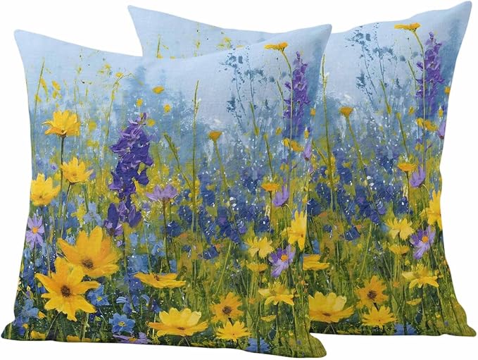 Outdoor Waterproof Pillow Covers for Patio Rustic Landscape Decorative Throw Pillow Cover Spring Wildflower Floral Yellow Blue Purple Pillowcases Set of 2 Cushion Case for Sofa Couch Chair 18x18 Inch