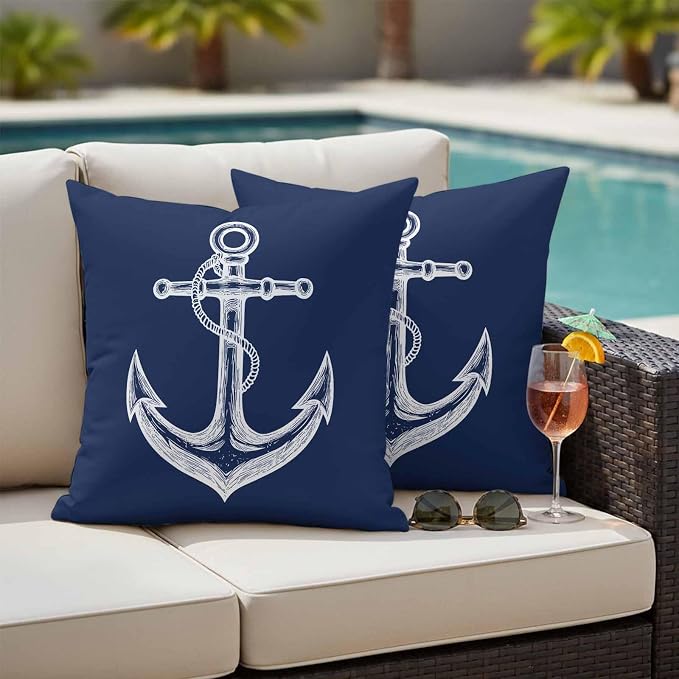 Nautical Outdoor Waterproof Throw Pillow Covers Set of 2, 16"x16", Anchor Rope Coastal Navy Blue Minimalist Decorative Pillow Covers Outside Cushion Case for Patio Porch Garden