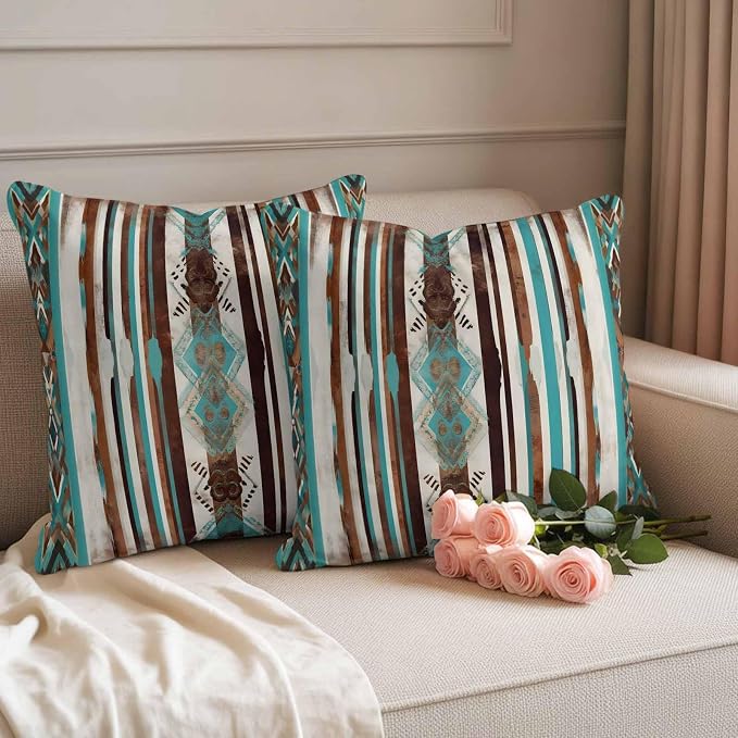 Ethnic Tribal Diamond Outdoor Pillow Covers 26"x26" Set of 2, Boho Abstract Teal Brown Stripes Diamond Waterproof Throw Pillow Covers for Patio Furniture, Decorative Cushion Covers for Porch