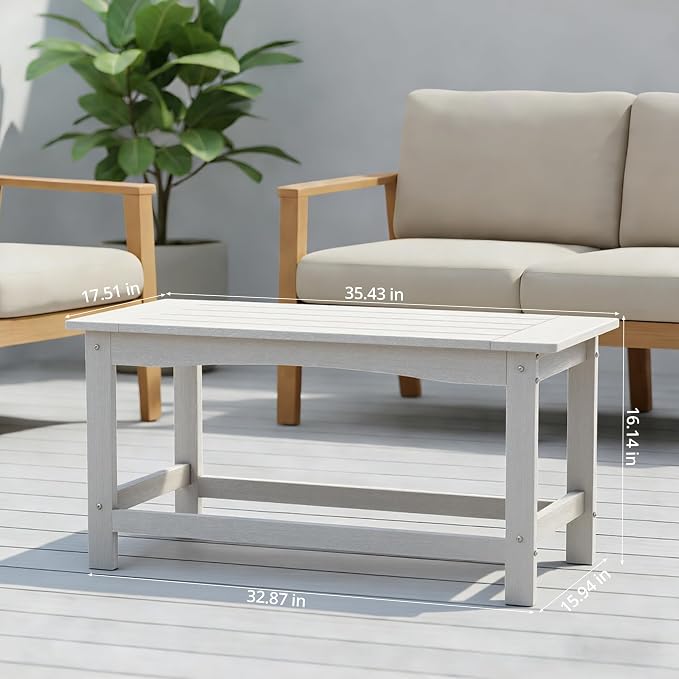 White Outdoor Coffee Table for Patio 35.4 x 17.5 x 16.1 Poly Lumber | 250 lb All-Weather HIPS Rectangle Patio Table, Stainless Steel Hardware, 1-Year Warranty for Deck Balcony Porch Poolside