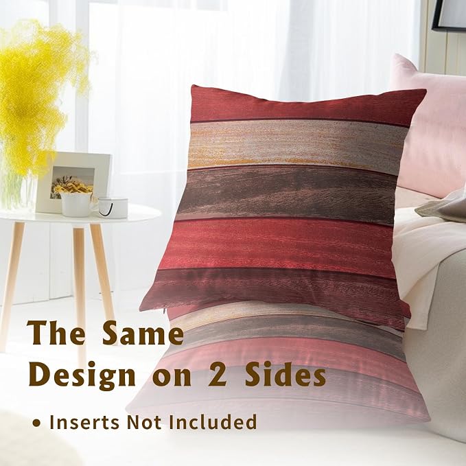 Brown Red Throw Pillow Covers Set of 2, Wood Board 16x16 Inch Cotton Square Reversible Pillow Case for Home Decor Sofa Soft Cushion Cases for Bedroom Couch Bed Car Chair