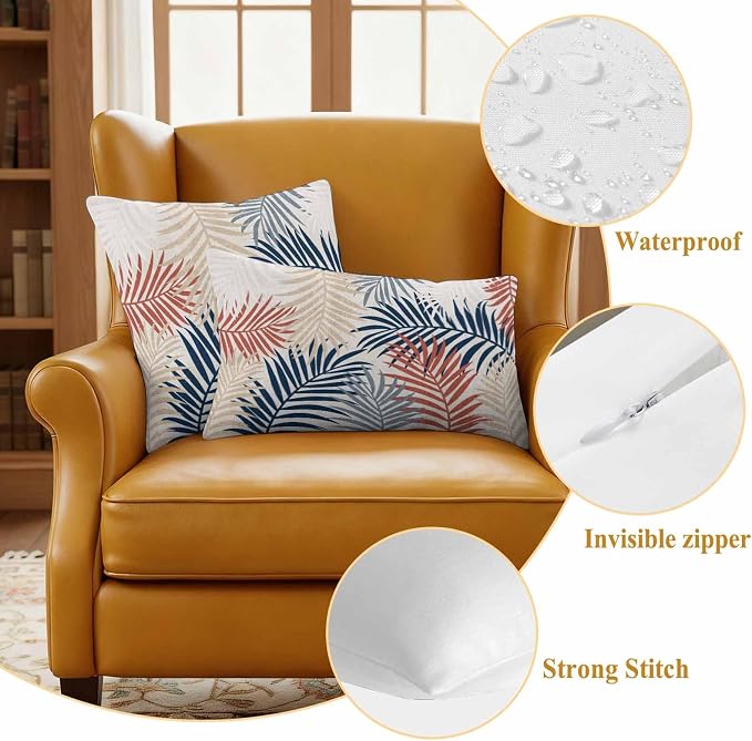 Outdoor Waterproof Throw Pillow Covers, Red Blue Yellow Palm Leaves Decorative Pillow Cases, Summer Botanical Tropical Leaf Couch Pillow Protector Patio Sofa Cushion Covers Replacement 24"x24" 2 Pack