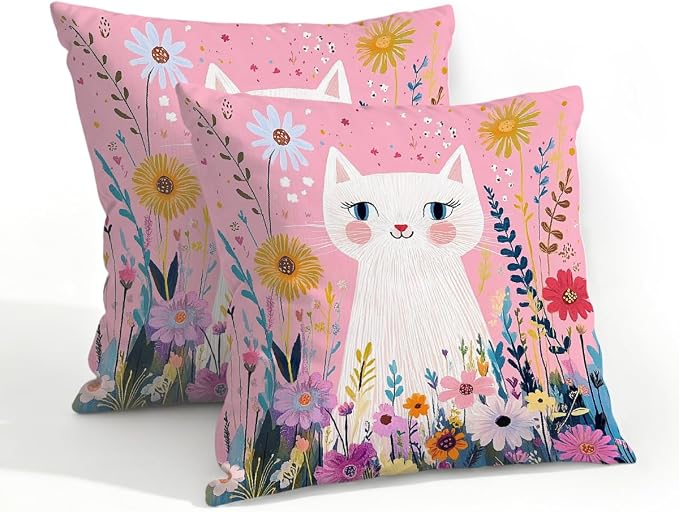 20x20 Inch Outdoor Pillow Covers Set of 2 Waterproof Throw Pillow Covers Decorative Couch Cushion Covers Pink Cat Garden Flowers Square Pillowcases Protectors for Patio Garden Sofa