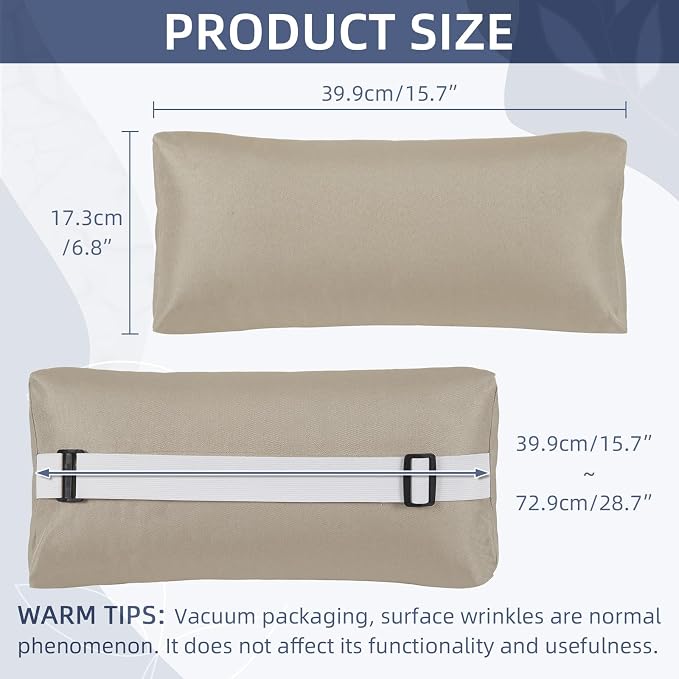Chaise Lounge Head Pillow, 2 Pack Outdoor Patio Pillows with Adjustable Strap, Lounge Head Resting Pillow for Recliner Beach Pool Lounger Office Chair，Water Resistant Khaki
