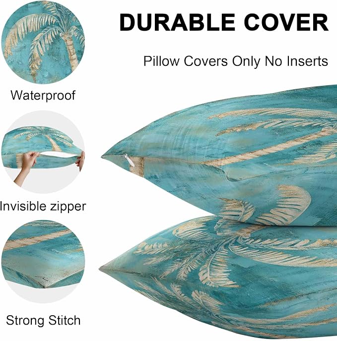 Coastal Beach Tree Green Outdoor Waterproof Pillow Covers, Vintage Tropical Flower Plant Decorative Square Throw Pillowcase Sofa Cushion Sham for Patio/Couch/Chair, 18"x18" 2 Pack