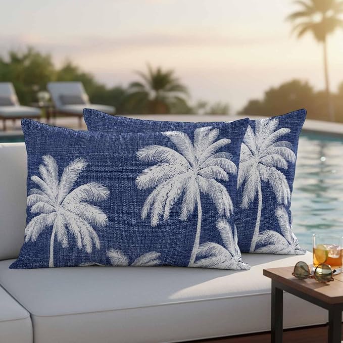 Lumbar Pillow Covers 20x12 Inch Set of 2, Indigo Blue Palm Trees Waterproof Outdoor Pillow Covers, Farmhouse Tropical Summer Beach Decorative Cushion Pillowcases for Couch, Sofa, Bed, Garden, Patio