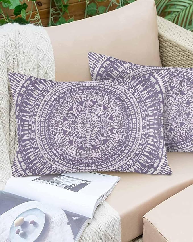 Vandarllin Outdoor Throw Pillows Covers 20x12 inch Set of 2 Waterproof Purple Boho Decorative Zippered Cushion Covers for Patio Furniture, Bohemian Floral Geometric Lumbar Pillowcases