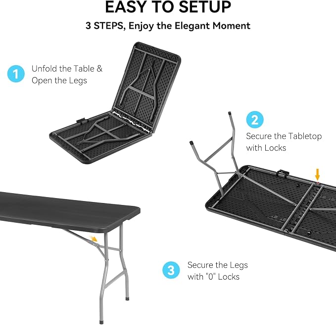 100 Pack of 6 Foot Foldable Table with Built in Handle & Steel Legs ,Heavy Duty Portable ,Perfect for Party, Dining, Wedding, Events, Picnic Indoor, Outdoor, Camping, Utility, Folding(Black-100pac)