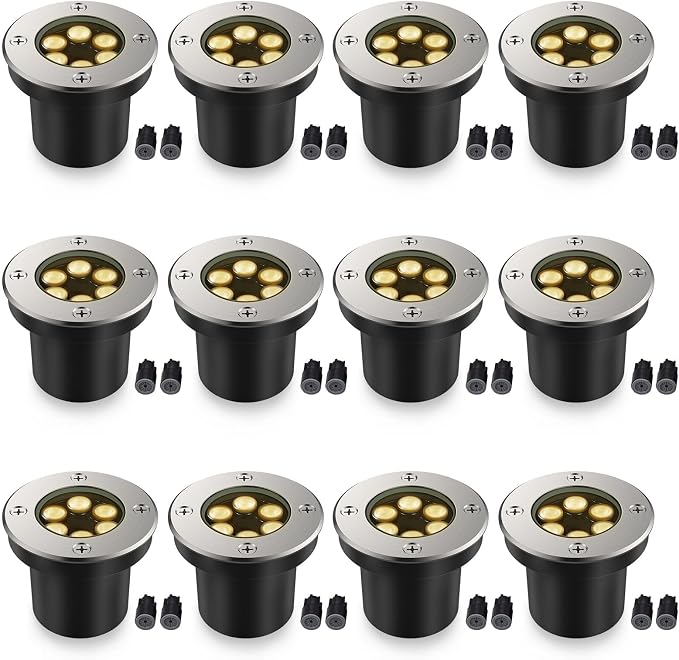 JESLED 12 PackOutdoor Landscape Lights, Low Voltage In Ground Well Lights | 3000K Warm White, 6W LED, 12V/24V, IP67 Waterproof, 5-Ton Pressure Resistant & 90° Beam for Driveway Decks Step Garden