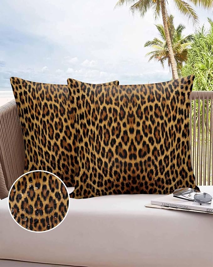 Vandarllin Outdoor Throw Pillows Covers 18x18 inch Set of 2 Waterproof Leopard Print Decorative Zippered Cushion Covers for Patio Furniture, Retro Animal Fur Pattern Lumbar Pillowcases