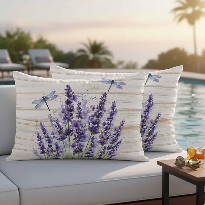 Outdoor Waterproof Throw Pillow Covers Set of 2 Lavender Flower Lumbar Pillowcases 20x12 Inches Purple Floral Dragonfly Wood Decorative Pillows Cushion Case Patio Pillows for Couch Bed Chair Garden