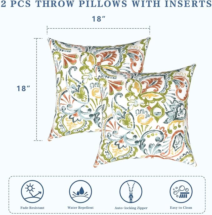 LVTXIII 2 Pack Outdoor Pillows 18x18 Inch, Square Throw Pillows with Inserts, Decorative Water-Repellent Pillow Cushions for Patio Furniture and Garden Sofa, Paisley Botanical