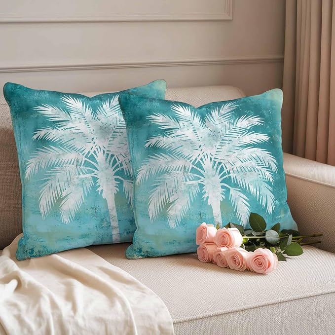 Teal Summer Palm Tree Outdoor Waterproof Pillow Covers, Coastal Beach Tropical Botanical Decorative Square Throw Pillowcase, Vintage Sofa Cushion Sham for Patio/Couch/Chair, 18"x18" 2 Pack