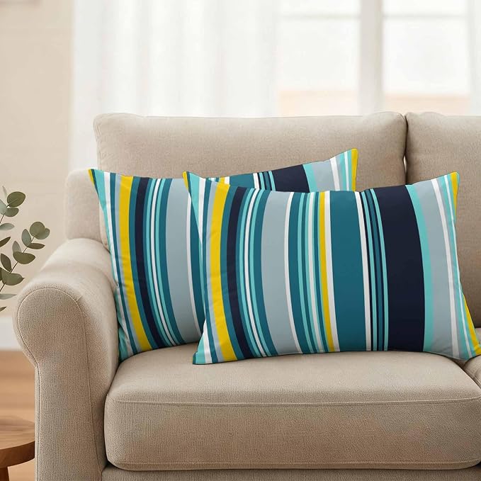 Teal Yellow Stripes Outdoor Pillow Covers Set of 2 Lines Art Waterproof Throw Pillow Cover Decorative Cushion Cases for Patio Porch Garden 20X12 Inch