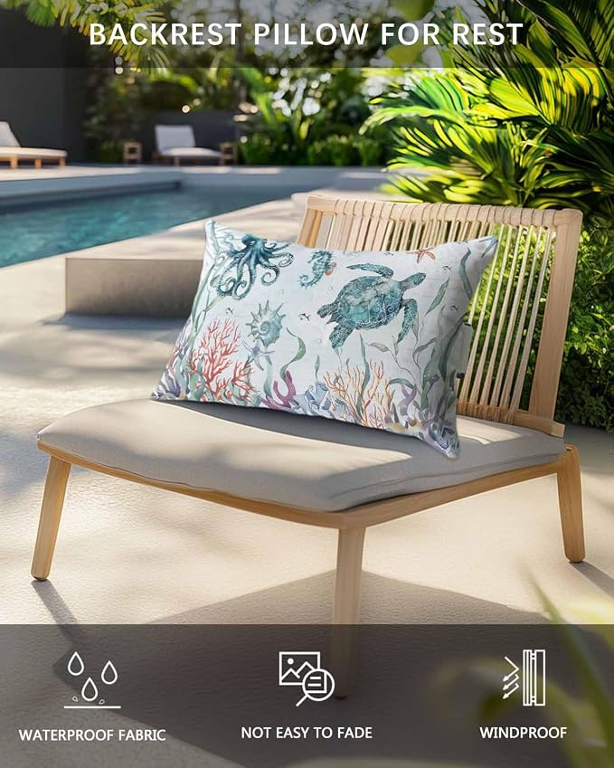 Sea Turtle Outdoor Pillows with Insert 11x16 Inch Marine Life Coral Shell Starfish Octopus Ocean Waterproof Headrest Pillows with Adjustable Strap Lounger Chair Throw for Patio Furnitures , 1 Pack