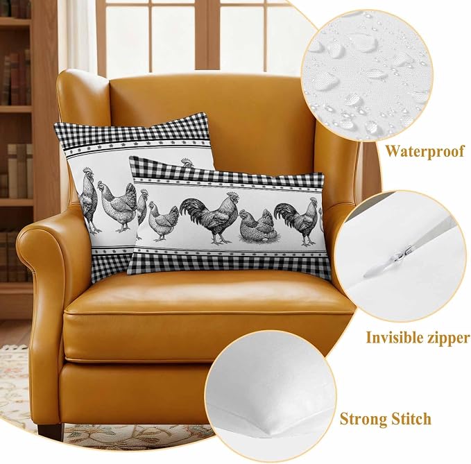 Navy Blue Rooster Outdoor Pillow Covers Waterproof, All Weather Cushion Case Set of 2, Vintage Farmhouse Black Plaid Lumbar Pillowcase for Sofa Couch Bed Decor Patio Furniture 20"x12"