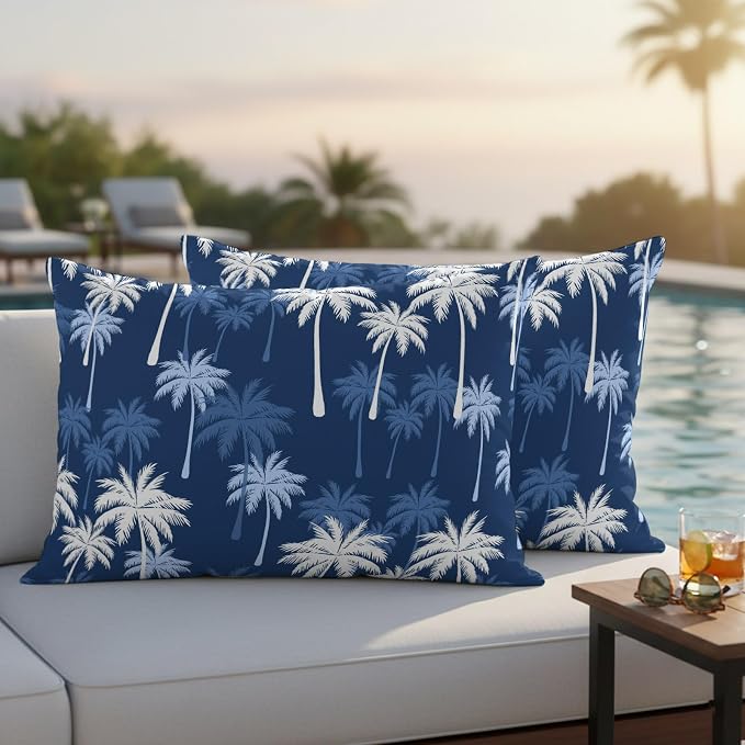 Lumbar Pillow Covers 20x12 Inch Set of 2, Tropical Palm Tree Waterproof Outdoor Pillow Covers, Navy Blue White Plants Coastal Leaf Decorative Cushion Pillowcases for Couch, Sofa, Bed, Garden, Patio