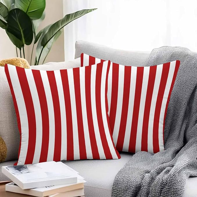 Red Striped Outdoor Waterproof Throw Pillow Covers 20x20 Set of 2, Christmas Farmhouse Red White Stripes Decorative Pillowcases Cushion Pillowcase for Couch Sofa Patio Outside Pillow Protector