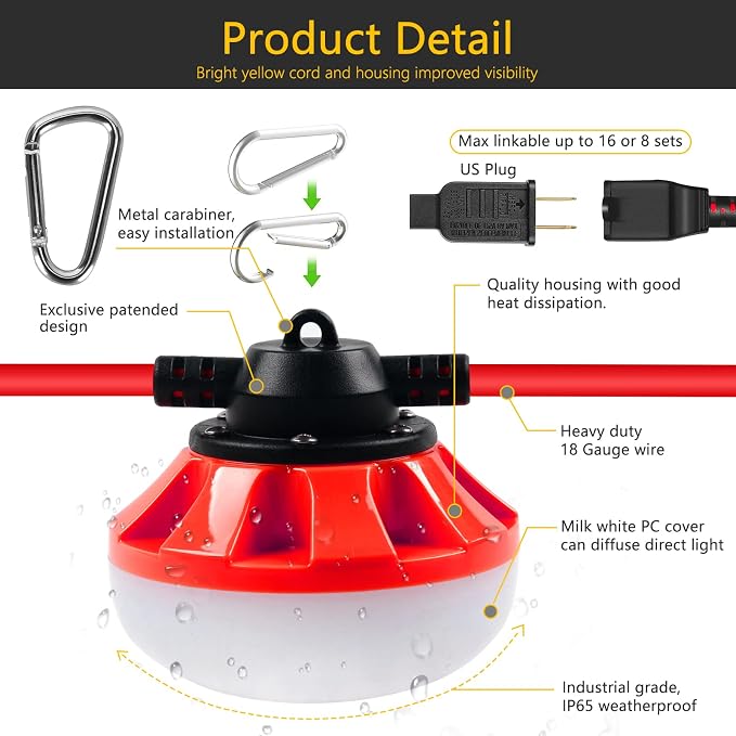 LED Construction Light, Christmas String Lights,200FT,2Prong | 20000LM Industrial LED Work Lights, Super Bright Temporary Lighting for Job , Work,Outdoor, Indoor
