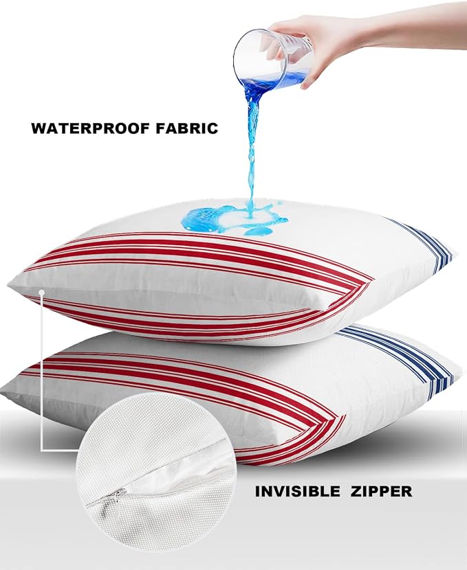 Prime Leader Outdoor Waterproof Pillow Covers Set of 2, Independence Day Flag Day Blue Red Stripe Patio Throw Pillow Covers, Decorative Cushion Case for Couch Sofa Furniture Garden, 16x16 Inch