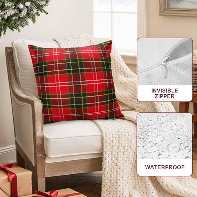 Outdoor Waterproof Throw Pillow Covers, Merry Christmas Red and Green Gingham Tartan Plaid Vintage Farmhouse Decor Pillowcases Cushion Covers Cases for Patio Couch Bench, Pack of 2 Square, 18X18 Inch