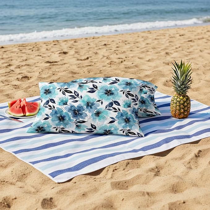 Botanical Floral Leaves Outdoor Pillow Covers 20"x12" Set of 2, Watercolor Painting Blue Gradient Blooms Waterproof Throw Pillow Covers for Patio Furniture, Decorative Cushion Covers for Porch