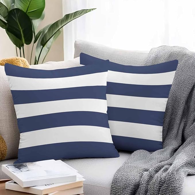 Outdoor Waterproof Throw Pillow Covers Set of 2 Navy Blue Stripe Pillowcases 24x24 Inches Simple Style Striped Decorative Pillows Cushion Case Patio Pillows for Couch Bed Chair Garden