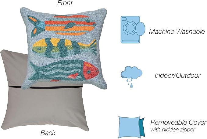 Liora Manne Lush Decor FRONTPORCH Indoor/Outdoor Handmade Pillow - Transitional Graphic Casual Animal Accent (Fishes Aqua) (18" x 18")