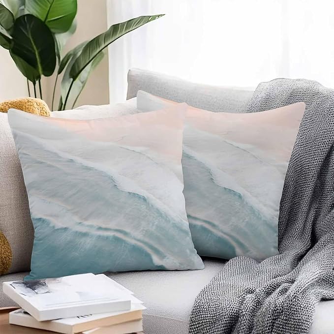 Outdoor Throw Pillow Cover Watercolor Blue White Wave Ripple Ocean Beach Waterproof Cushion Covers 2 Pack Coastal Landscape Pillow Cases Home Decoration for Patio Garden Couch Sofa