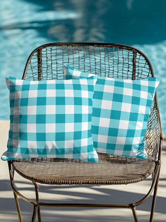 Waterproof Outdoor Pillow Set of 2 Turquoise Buffalo Plaid Decorative Throw Pillows Cover & Insert 18x18 Inch Pillowcase Check Lines Square Pillows for Couch Sofa Bed Patio Furniture Indoor Outdoor