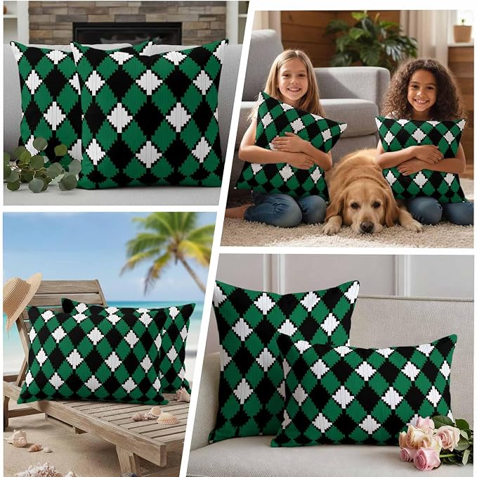 Vintage Rhombus Outdoor Waterproof Throw Pillow Covers Set of 2, 24"x24", Green Black White Decorative Pillow Covers Outside Cushion Case for Patio Porch Garden