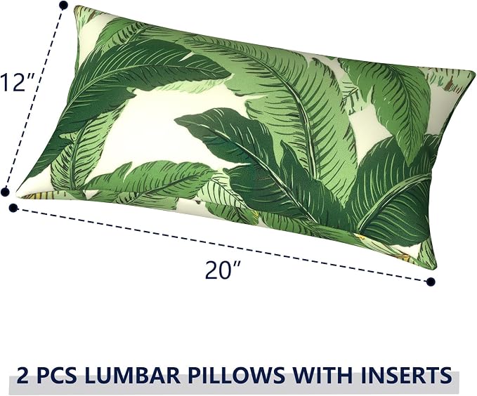 Outdoor Lumbar Pillows 12x20 inch, Rectangle Throw Pillows with Inserts, Decorative Lumbar Cushions for Patio Furniture Garden Couch Home Sofa Office Chair, Pack of 2, Swaying Palms Green