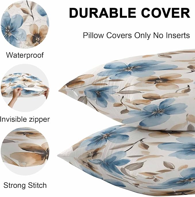 Garden Outdoor Pillow Covers Set of 2,Decorative Spring Blossom Flower Waterproof Throw Pillow Case, Watercolor Floral Leaves Linen Soft Cozy Cushion Pillowcases