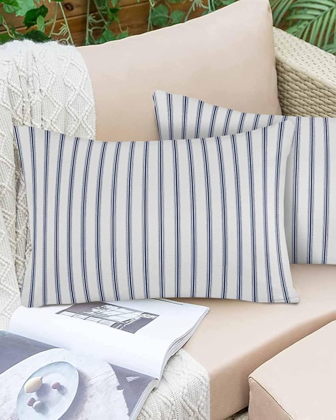 Outdoor Waterproof Throw Pillow Covers Set of 2 Blue Stripe Lumbar Pillowcases 20x12 Inches Vertical Striped Patio Decorative Pillows Cushion Case Patio Pillows for Couch Bed Chair Garden