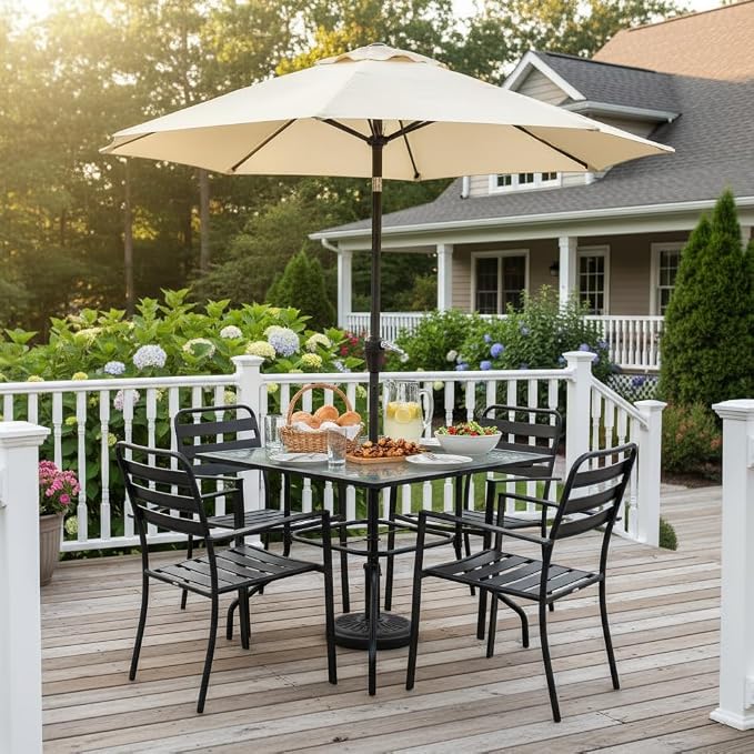 Tangkula 35 Inch Patio Dining Table with Tempered Glass Top, Square 4-Person Outdoor Bistro Table with 1.5" Umbrella Hole & Sturdy Metal Frame, Patio Dining Table for Backyard, Lawn, Deck & Poolside