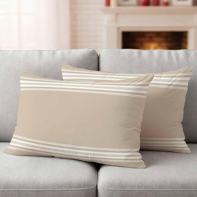 Outdoor Pillow Covers 12x20 Set of 2 Khaki Stripes Outdoor Pillows Waterproof Throw Pillow Covers French Stripe Farmhouse Style Pillowcases Decorative Case for Patio Cushion