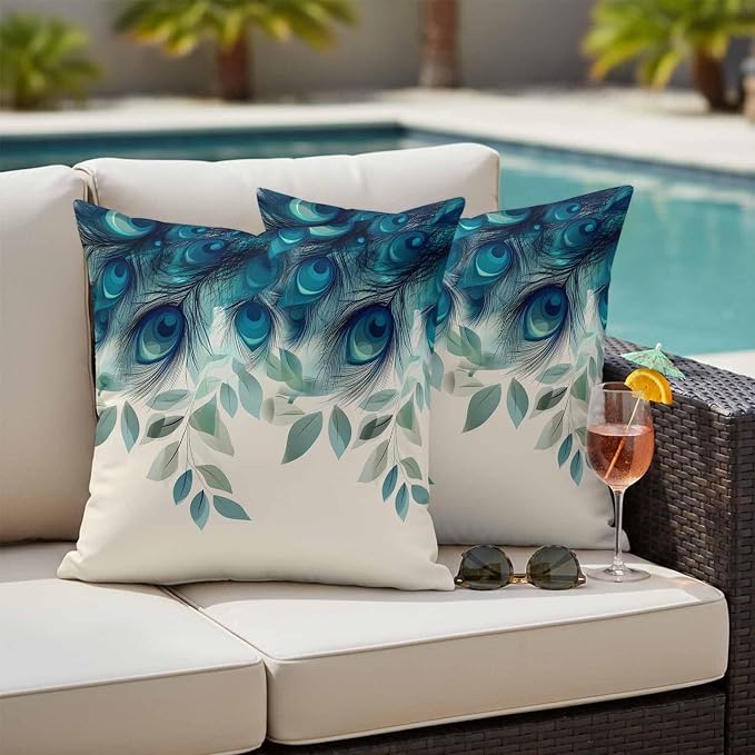 Teal Turquoise Outdoor Pillow Covers 24x24 Inch Throw Pillow Covers Set of 2 Waterproof Decorative Pillow Cases Peacock Feathers Aesthetics Eucalyptus Cushion Covers for Patio Furniture Garden Couch